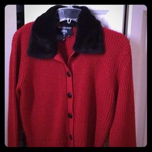 Red cardigan with fur collar